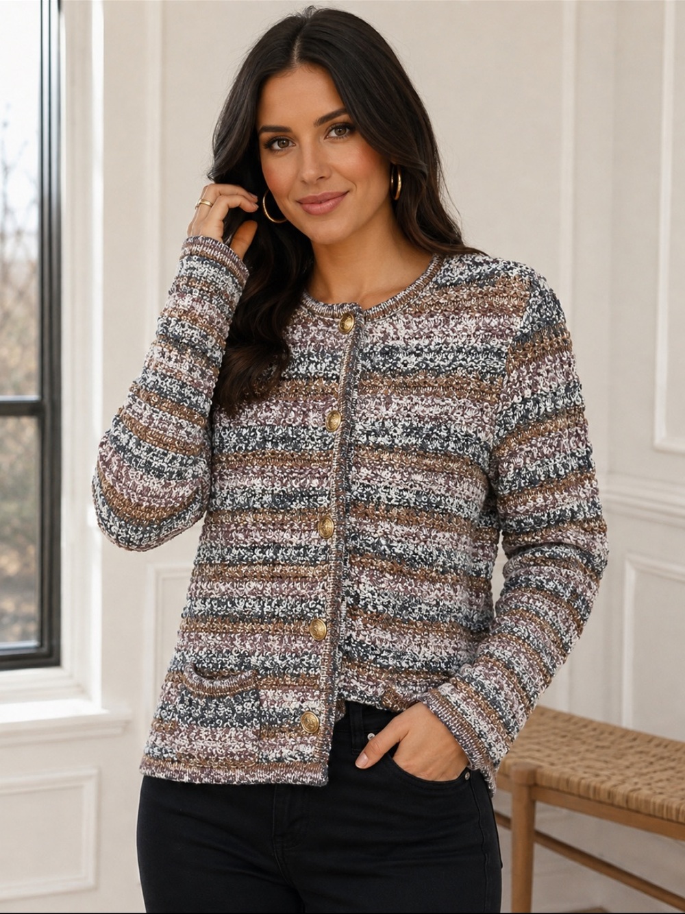 House of Harlow 1960 Striped Cardigan Sweater Size Small Button Down Neutral